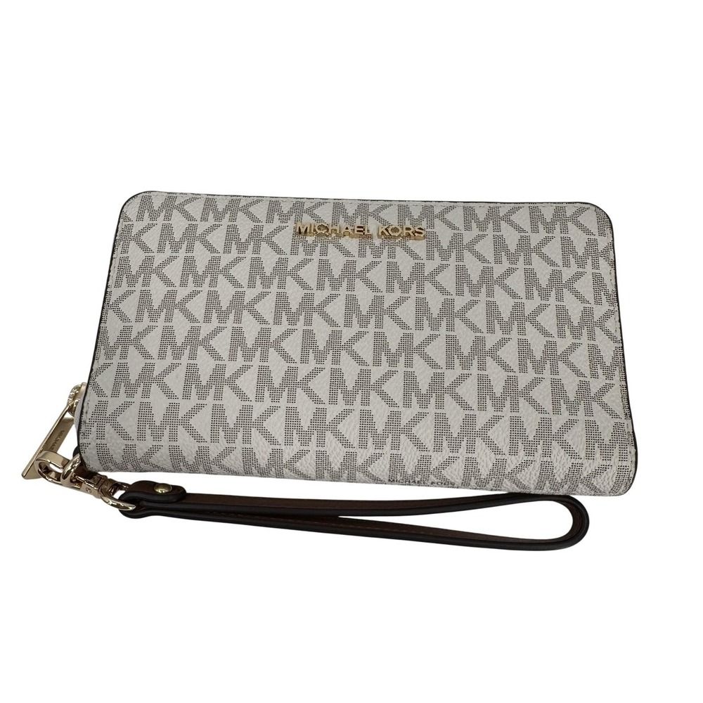 Michael Kors Womens Jet Set Travel Large Vanilla Brown Logo Wristlet Wallet Chic